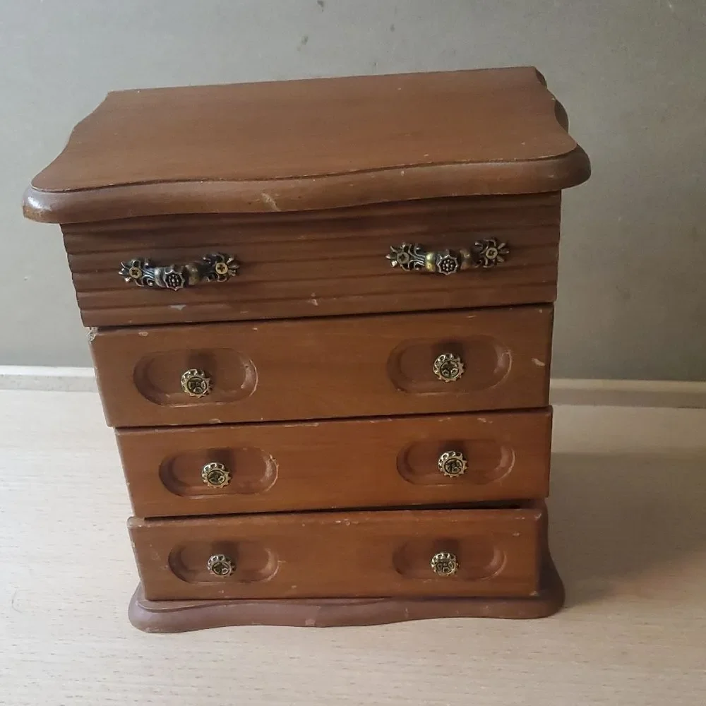 Vintage Wooden Jewelry Organizer with Mirror Trinket Box Hinged Cage